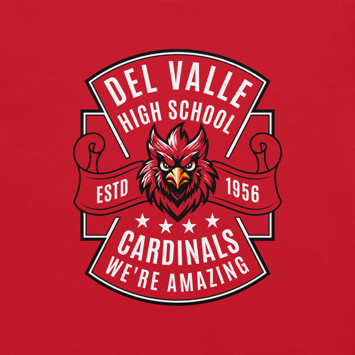 Close-up view of Del Valle High School Cardinals Red Premium Unisex T-shirt 207