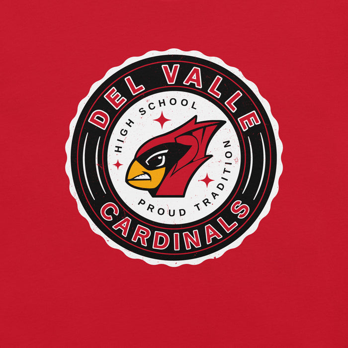 Close-up view of Del Valle High School Cardinals Red Premium Unisex T-shirt 216