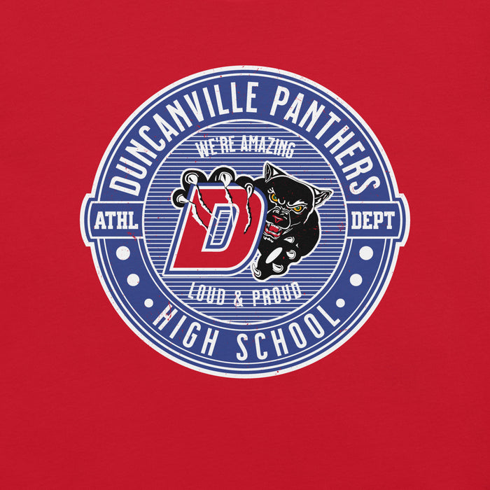 Close-up view of Duncanville High School Panthers Red Premium Unisex T-shirt 224
