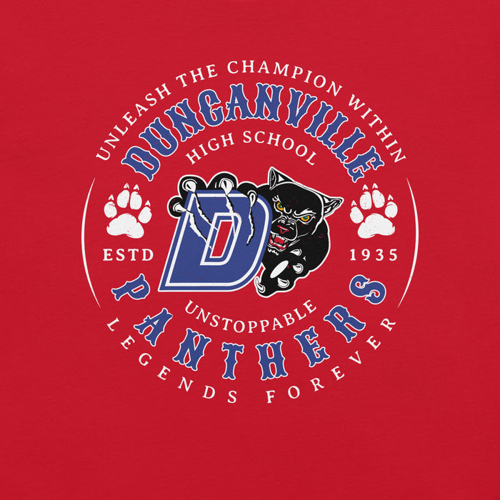 Close-up view of Duncanville High School Panthers Red Premium Unisex T-shirt 214