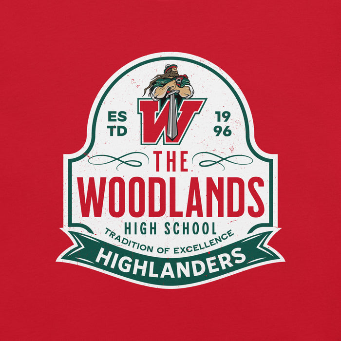 Close-up view of The Woodlands High School Highlanders Red Premium Unisex T-shirt 219