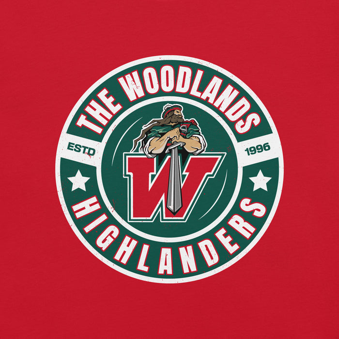 Close-up view of The Woodlands High School Highlanders Red Premium Unisex T-shirt 239