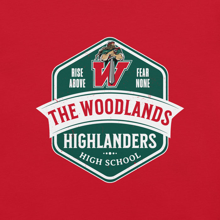 Close-up view of The Woodlands High School Highlanders Red Premium Unisex T-shirt 209