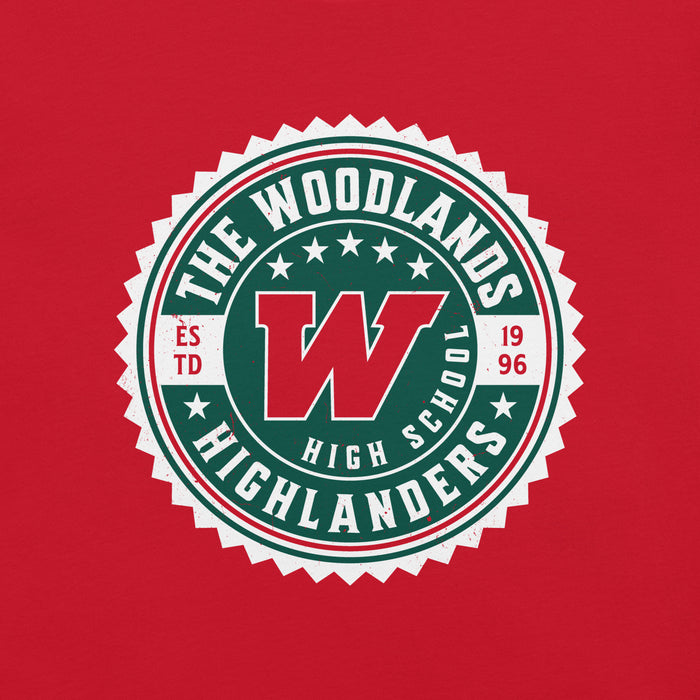 Close-up view of The Woodlands High School Highlanders Red Premium Unisex T-shirt 203