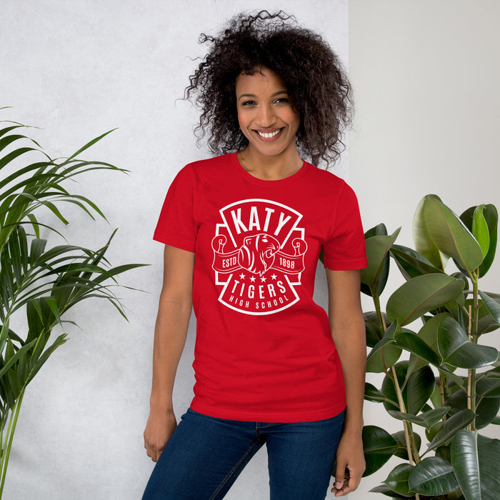 Woman wearing Katy High School Tigers Red Premium Unisex T-shirt 207