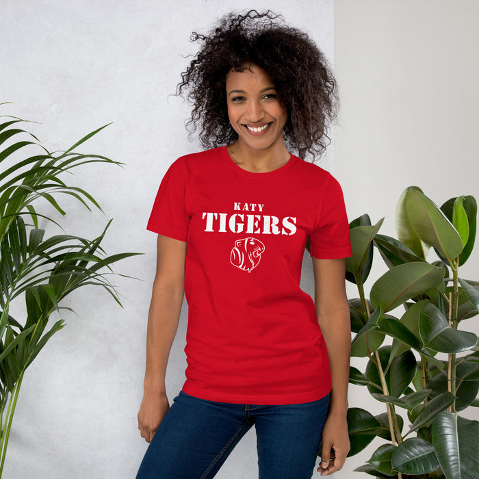 Woman wearing Katy High School Tigers Red Premium Unisex T-shirt 017