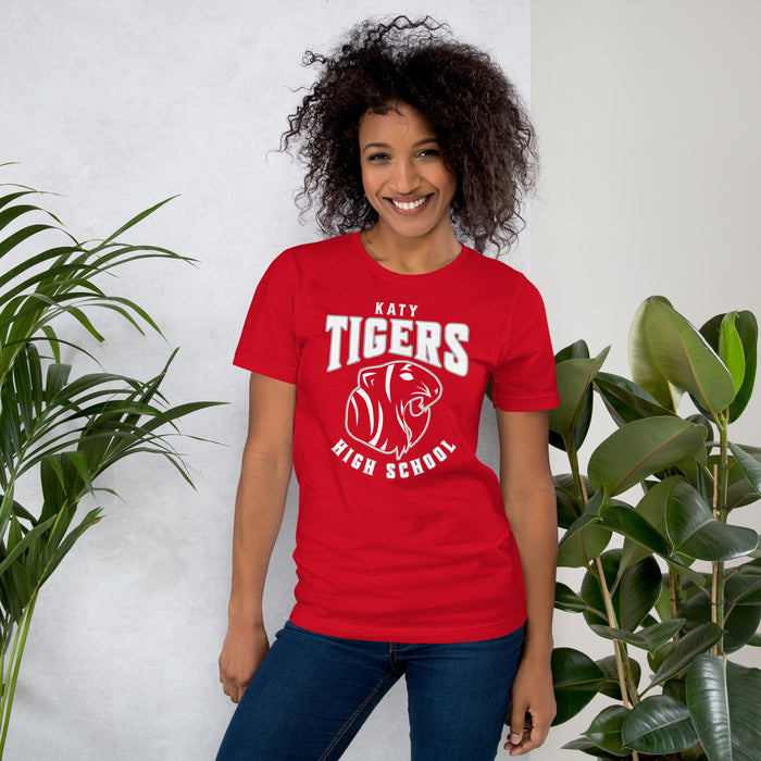 Woman wearing Katy High School Tigers Red Premium Unisex T-shirt 213