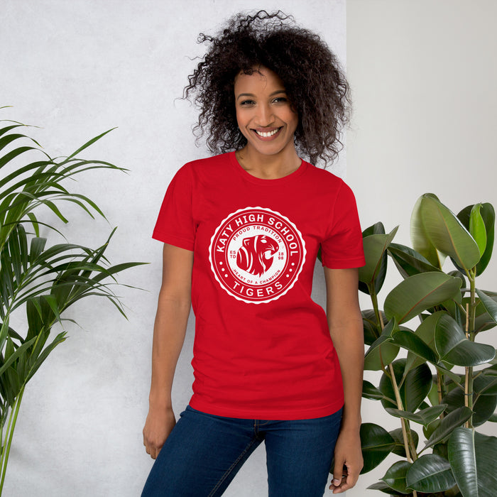 Woman wearing Katy High School Tigers Red Premium Unisex T-shirt 216