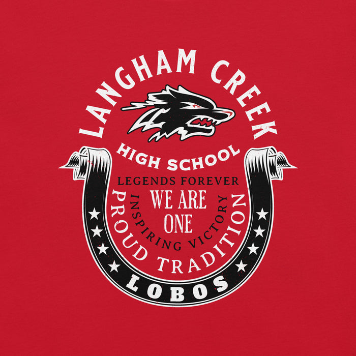 Close-up view of Langham Creek High School Lobos Red Premium Unisex T-shirt 229