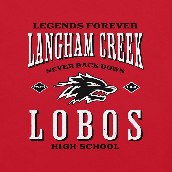 Close-up view of Langham Creek High School Lobos Red Premium Unisex T-shirt 230