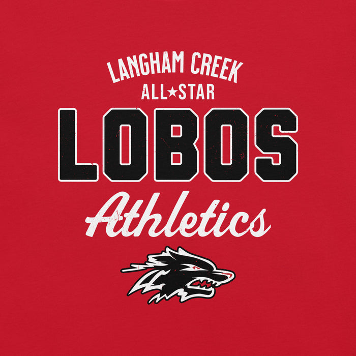 Close-up view of Langham Creek High School Lobos Red Premium Unisex T-shirt 034