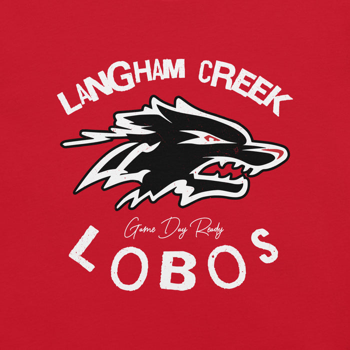 Close-up view of Langham Creek High School Lobos Red Premium Unisex T-shirt 228