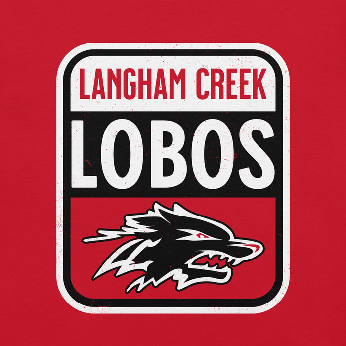 Close-up view of Langham Creek High School Lobos Red Premium Unisex T-shirt 001