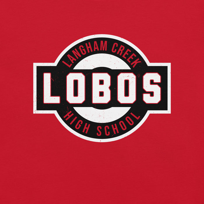 Close-up view of Langham Creek High School Lobos Red Premium Unisex T-shirt 011