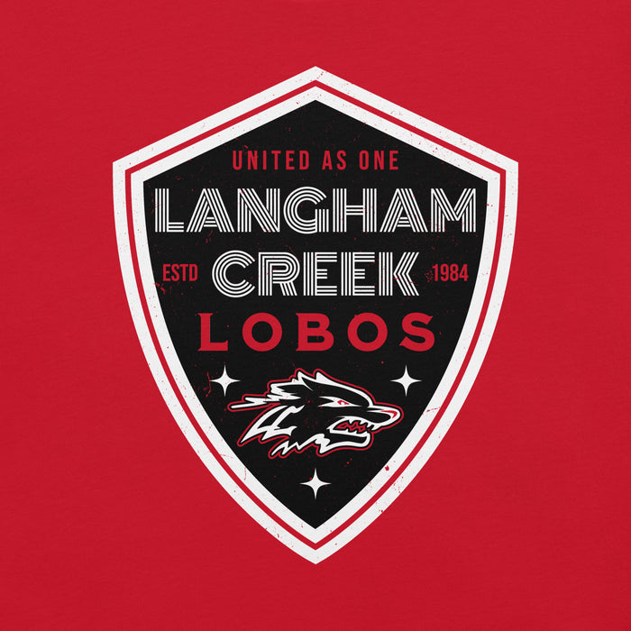 Close-up view of Langham Creek High School Lobos Red Premium Unisex T-shirt 225