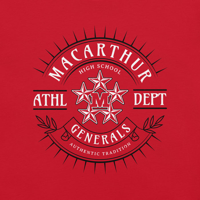 Close-up view of MacArthur High School Generals Red Premium Unisex T-shirt 201