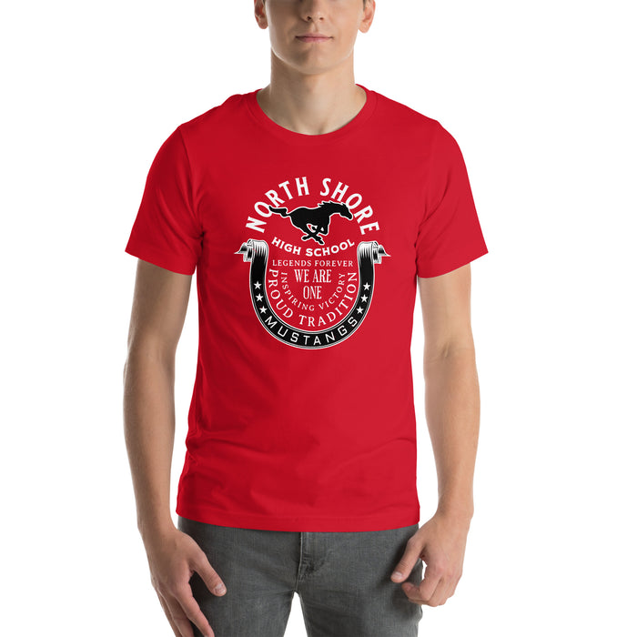 Man wearing North Shore High School Mustangs Red Premium Unisex T-shirt 229
