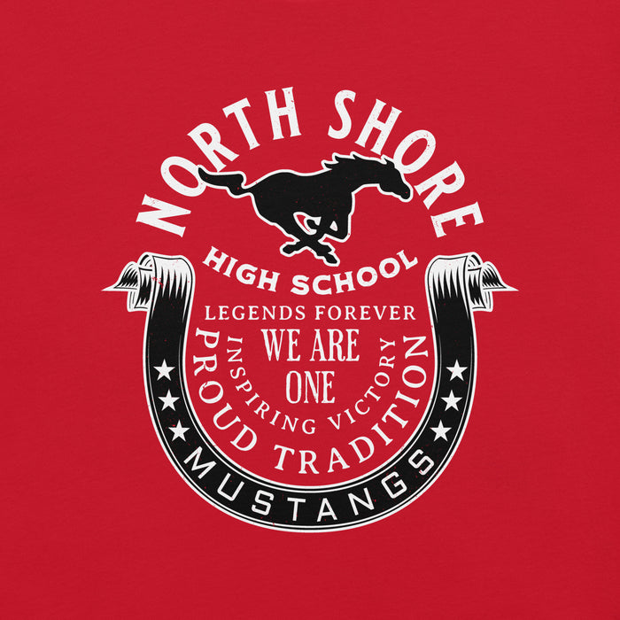 Close-up view of North Shore High School Mustangs Red Premium Unisex T-shirt 229