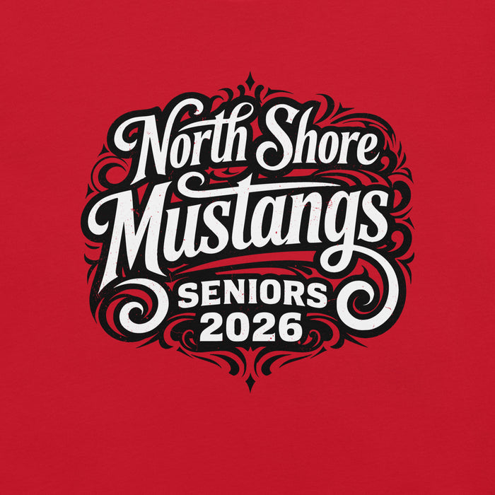 Red shirt with 'North Shore Mustangs Seniors 2026' text on a red background - Premium t-shirt design 254