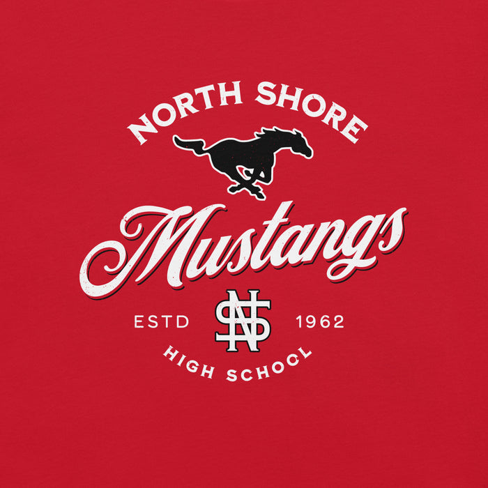 Close-up view of North Shore High School Mustangs Red Premium Unisex T-shirt 226