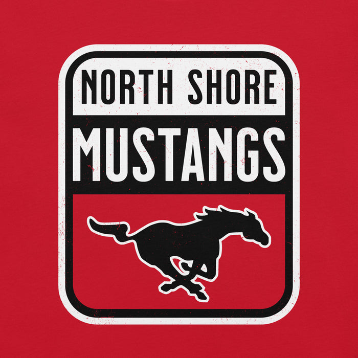 Close-up view of North Shore High School Mustangs Red Premium Unisex T-shirt 001