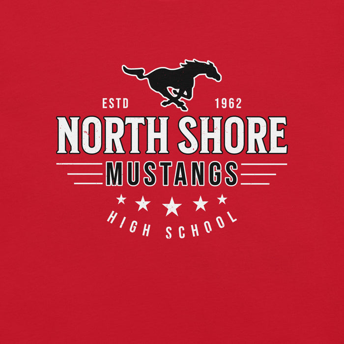 Close-up view of North Shore High School Mustangs Red Premium Unisex T-shirt 217