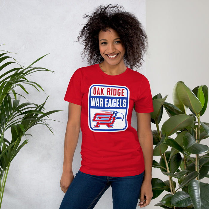 Woman wearing Oak Ridge High School War Eagles Red Premium Unisex T-shirt 001