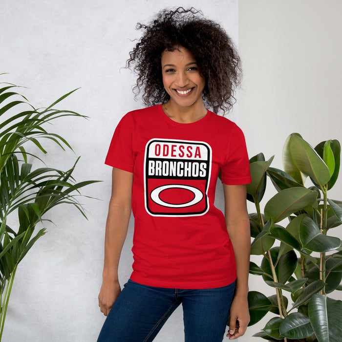 Woman wearing Odessa High School Bronchos Red Premium Unisex T-shirt 001