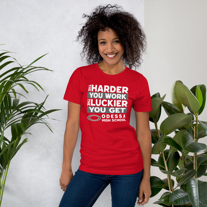 Woman wearing Odessa High School Bronchos Red Premium Unisex T-shirt 238