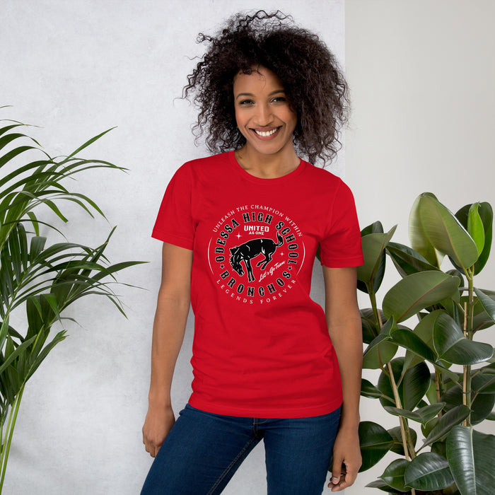 Woman wearing Odessa High School Bronchos Red Premium Unisex T-shirt 214