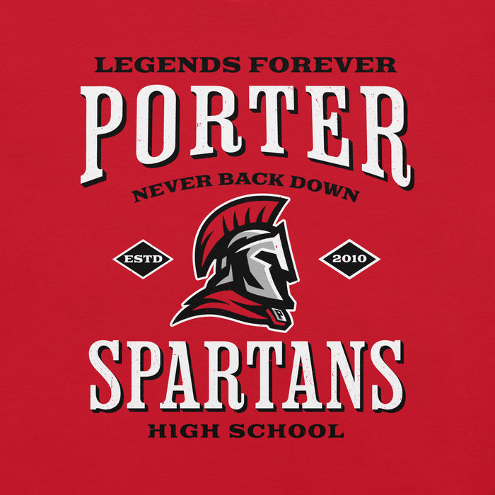 Red shirt with 'Porter Spartans' design featuring a Spartan helmet and text on a red background - never back down premium t-shirt design 230