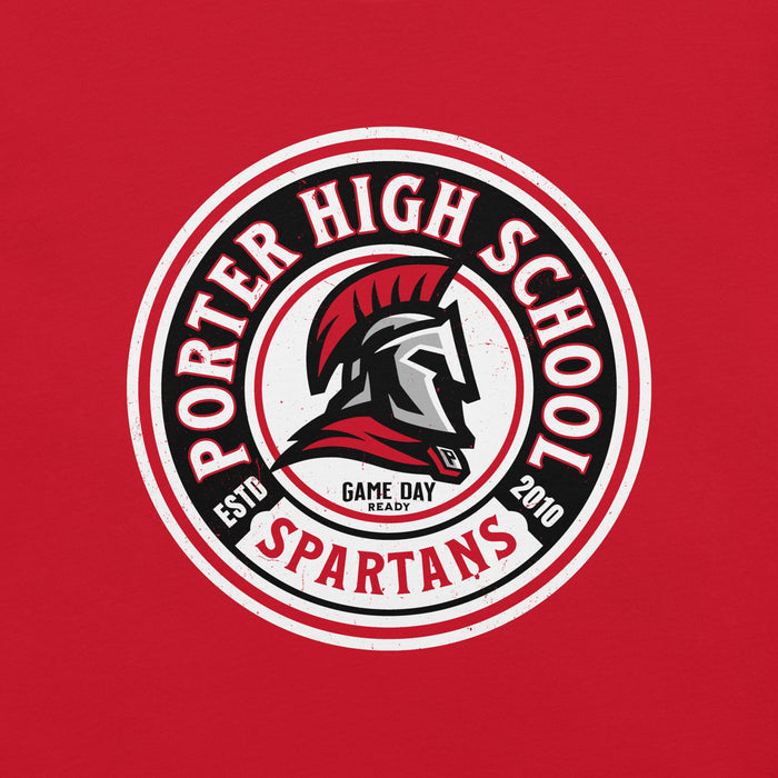 Porter High School Spartans logo on a red background - premium t-shirt design 220