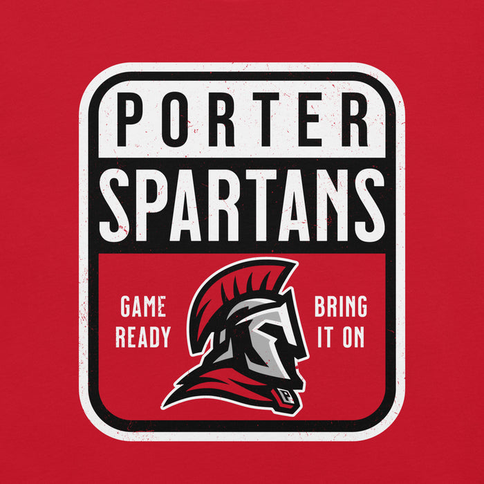 Porter Spartans logo with helmet graphic on a red background game ready, bring it on - premium t-shirt design 001