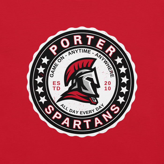 Circular logo with 'Porter Spartans' text and Spartan helmet design on a red background - premium t-shirt design 216