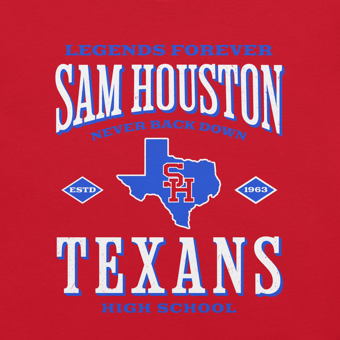 Close-up view of Sam Houston High School Texans Red Premium Unisex T-shirt 230
