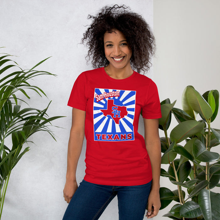 Woman wearing Sam Houston High School Texans Red Premium Unisex T-shirt 226