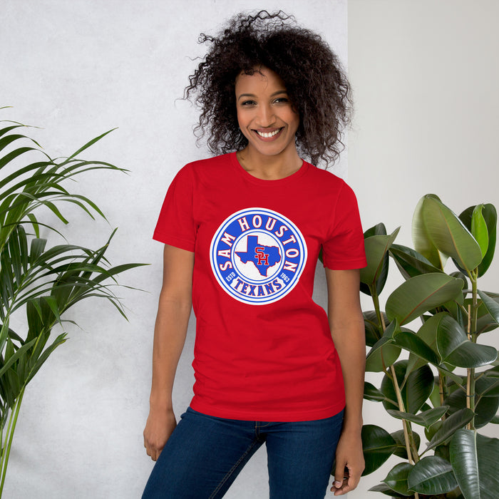Woman wearing Sam Houston High School Texans Red Premium Unisex T-shirt 220