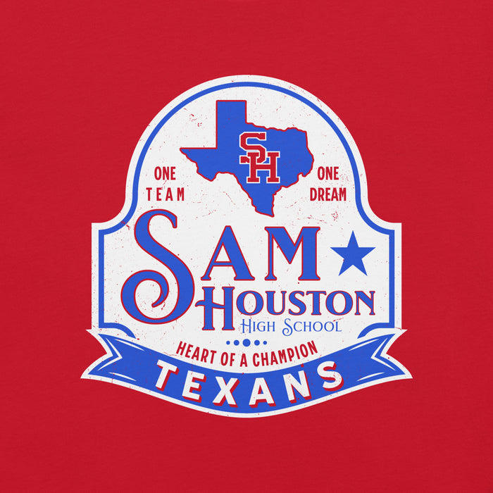 Close-up view of Sam Houston High School Texans Red Premium Unisex T-shirt 219