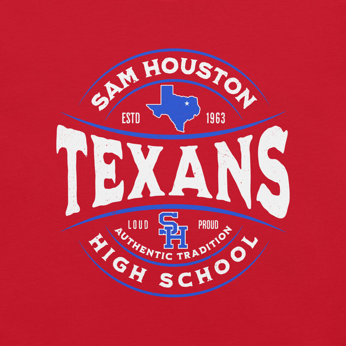 Close-up view of Sam Houston High School Texans Red Premium Unisex T-shirt 218