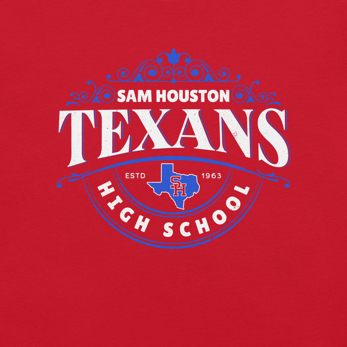 Close-up view of Sam Houston High School Texans Red Premium Unisex T-shirt 211