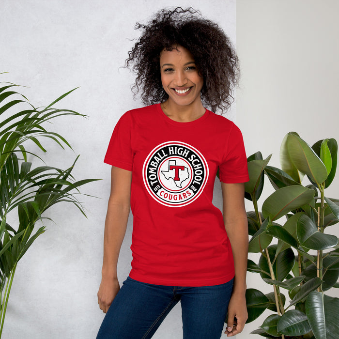 Woman wearing Tomball High School Cougars Red Premium Unisex T-shirt 220
