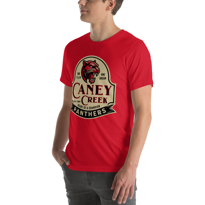 Man wearing Caney Creek High School Panthers Red Premium Unisex T-shirt 219