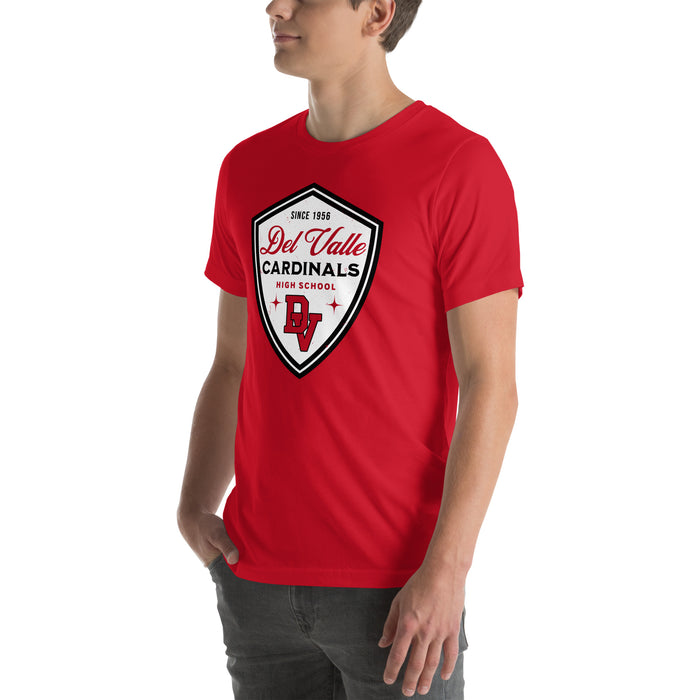 Man wearing Del Valle High School Cardinals Red Premium Unisex T-shirt 225