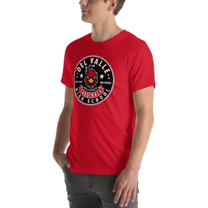 Man wearing Del Valle High School Cardinals Red Premium Unisex T-shirt 215