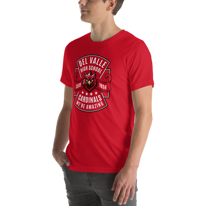 Man wearing Del Valle High School Cardinals Red Premium Unisex T-shirt 207