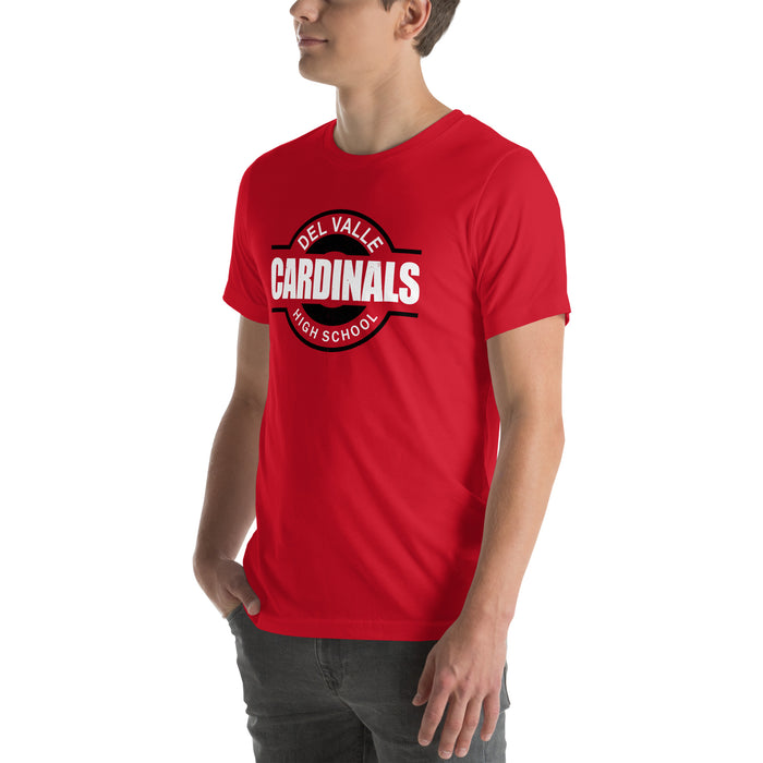 Man wearing Del Valle High School Cardinals Red Premium Unisex T-shirt 011