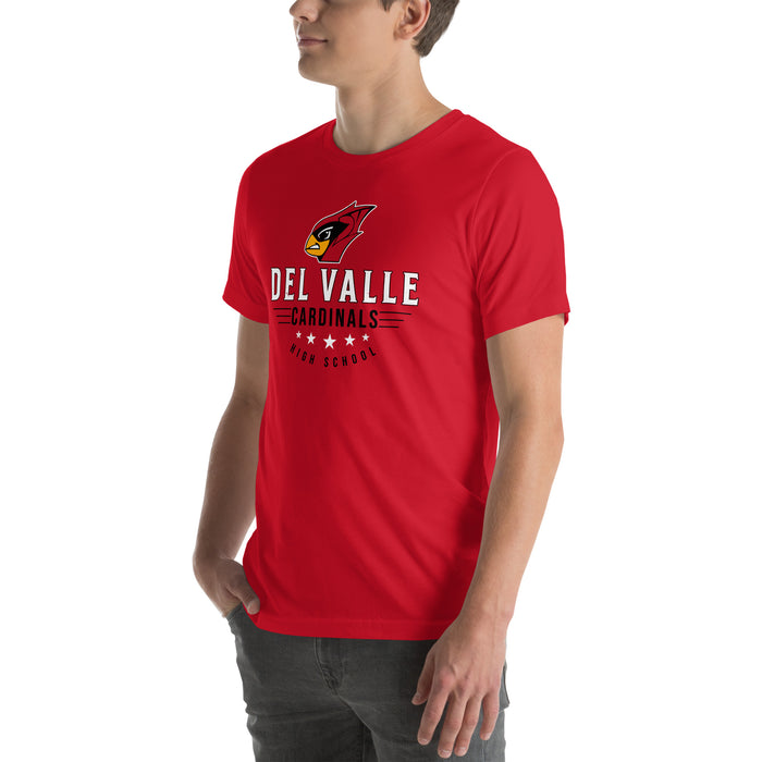 Man wearing Del Valle High School Cardinals Red Premium Unisex T-shirt 217