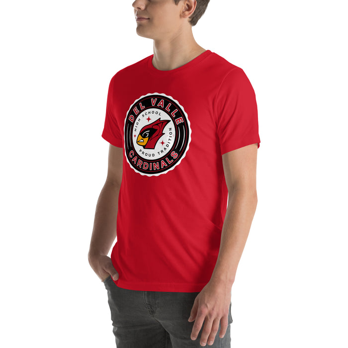 Man wearing Del Valle High School Cardinals Red Premium Unisex T-shirt 216