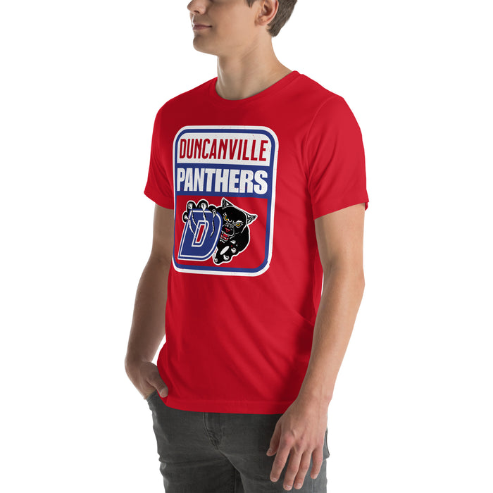 Man wearing Duncanville High School Panthers Red Premium Unisex T-shirt 001