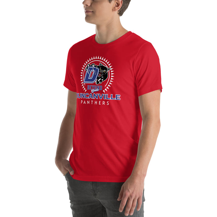 Man wearing Duncanville High School Panthers Red Premium Unisex T-shirt 226